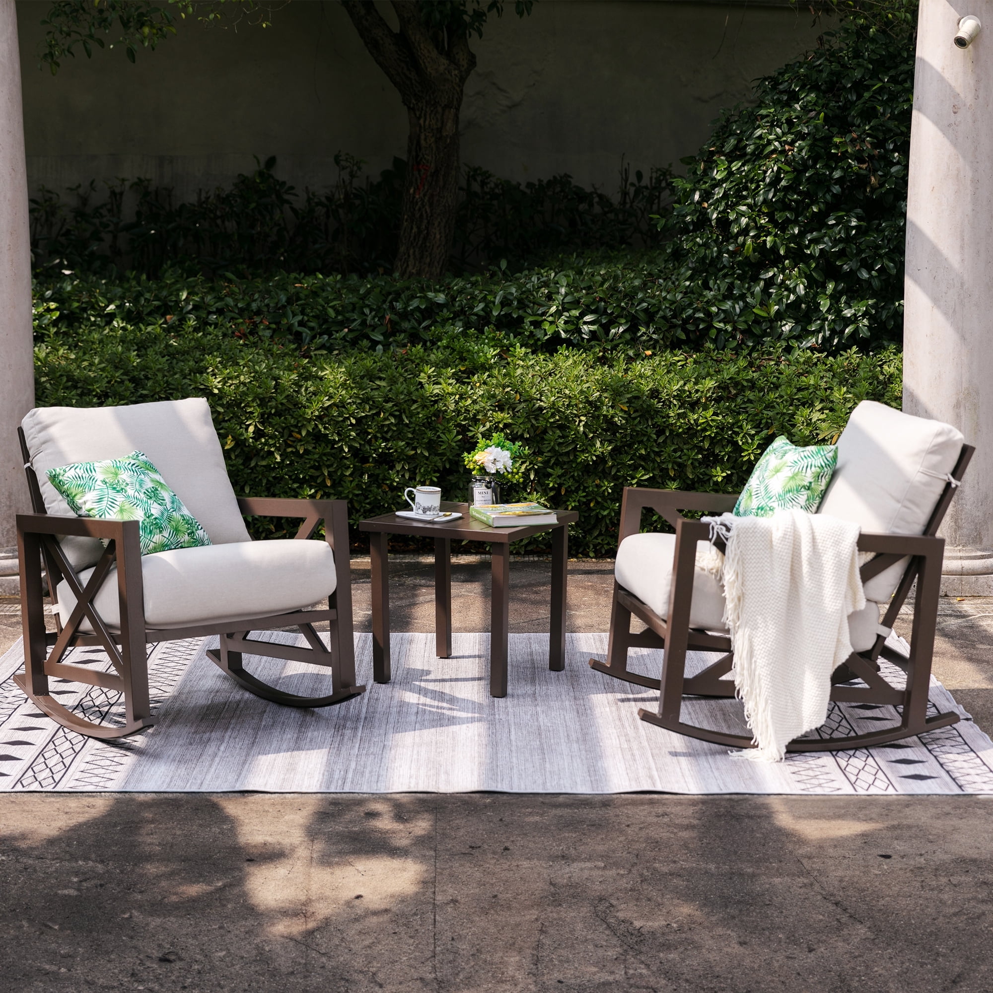 Natural Expressions 3 Piece Patio Rocking Bistro Set, Outdoor Conversation Chairs Set with 2 Metal Rockers with Thick Cushions and Coffee Table
