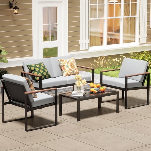 NATURAL EXPRESSIONS 4-Piece Patio Furniture Set Metal Modern Sectional Outdoor Conversation Sets, Gray