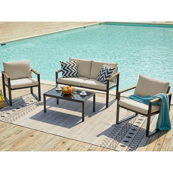 Natural Expressions 4 Pieces Conversation Set, Beige Rectangular Modern Patio Furniture Set