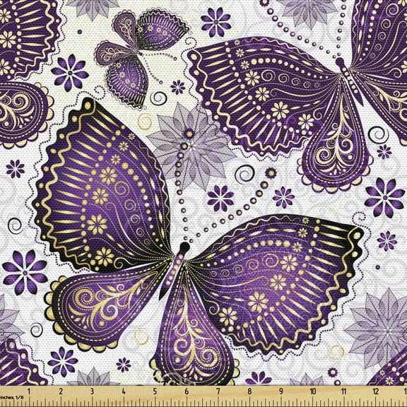 Ambesonne Natural Fabric by the Yard Upholstery, Butterflies with Paisley, 2 Yards, Purple White Lilac