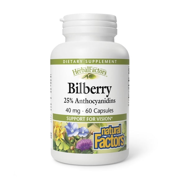 Natural Factors HerbalFactors Bilberry, Nutritional Support for Vision, 60 Capsules