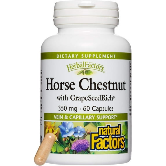 Natural Factors HerbalFactors, Horse Chestnut, Antioxidant Support for a Healthy Circulatory System and Veins with GrapeSeedRich, 60 Capsules