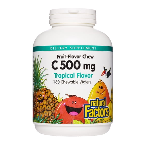 Natural Factors Kids Chewable Vitamin C 500 mg, Supports Immune Health, Bones, Teeth and Gums, Tropical, 180 Wafers