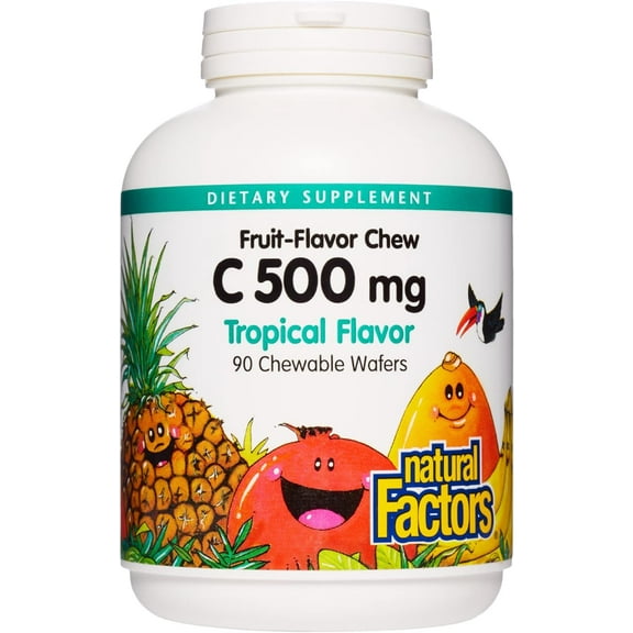 Natural Factors Kids Chewable Vitamin C 500 mg, Supports Immune Health, Bones, Teeth and Gums, Tropical, 90 Wafers