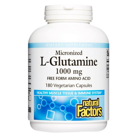Natural Factors Micronized L-Glutamine 1000mg, Support for Muscle Tissue & Immune System, 180 Vegetarian Capsules