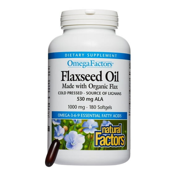 Natural Factors Omega Factors, Flaxseed Oil, Supports Overall Health with Omega-3, 6 and 9 Fatty Acids, 180 Softgels