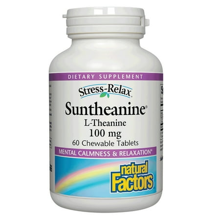 Natural Factors Stress-Relax Chewable Suntheanine L-Theanine 100 mg, Non-Drowsy Stress Support for Mental Calmness and Relaxation, Tropical Fruit Flavor, 60 Tablets