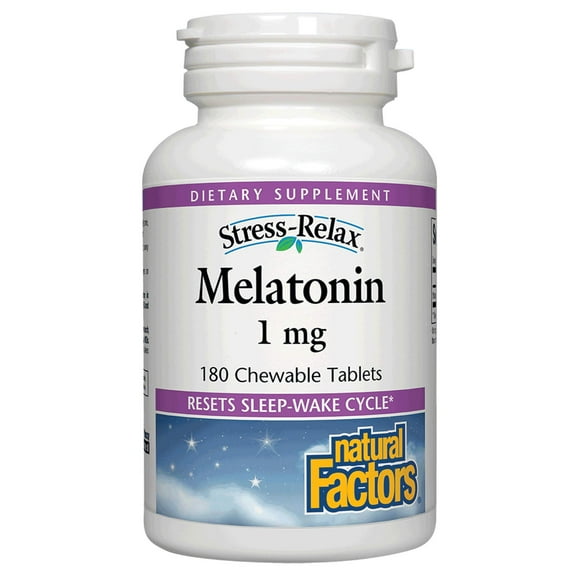 Natural Factors Stress-Relax Melatonin 1 mg, Resets the Sleep-Wake Cycle, Peppermint, 180 Chewable Tablets