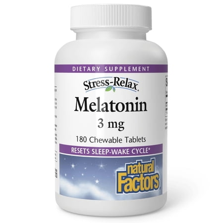 Natural Factors Stress-Relax Melatonin 3 mg, Resets the Sleep-Wake Cycle, Peppermint, 180 Chewable Tablets