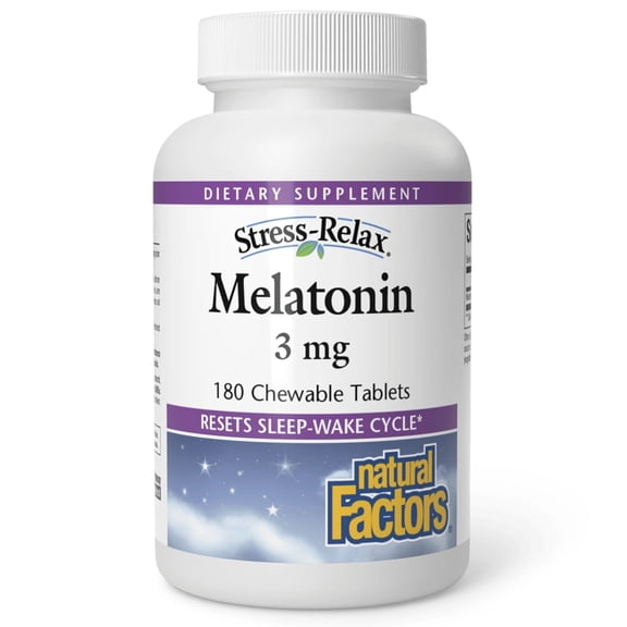 Natural Factors Stress-Relax Melatonin 3 mg, Resets the Sleep-Wake Cycle, Peppermint, 180 Chewable Tablets
