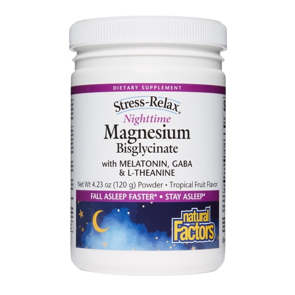 Natural Factors Stress-Relax Nighttime Magnesium Bisglycinate Powder with Melatonin, L-Theanine and Pharma GABA, Supports Sleep & Relaxation, Tropical Flavor, 4.23 oz Powder