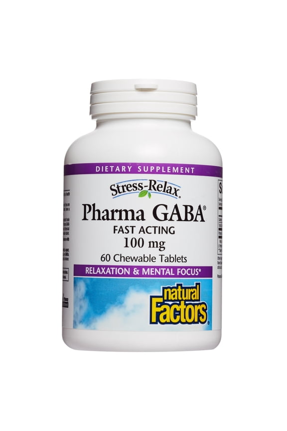 Stress-Relax Chewable Pharma GABA 100 mg by Natural Factors, Non-Drowsy Stress Support for Relaxation and Mental Focus, Tropical Fruit Flavor, 60 Tablets