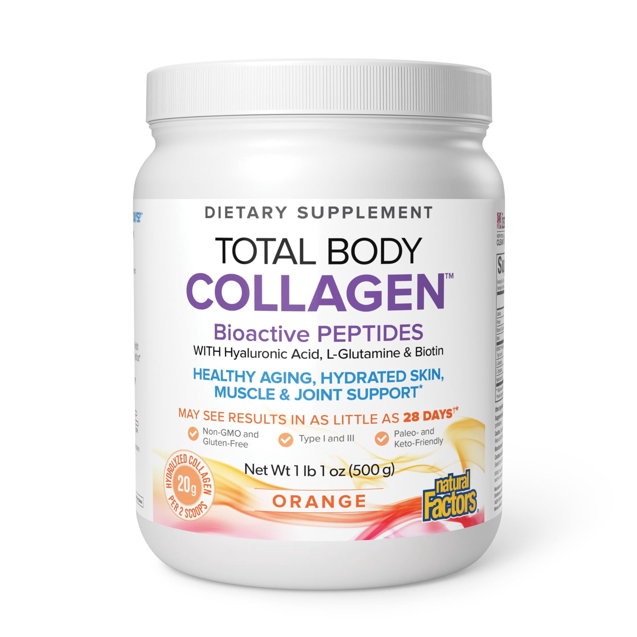 Natural Factors Total Body Collagen, Bioactive Peptides Powder for Healthy Skin, Hair & Joints, Orange, 500 g