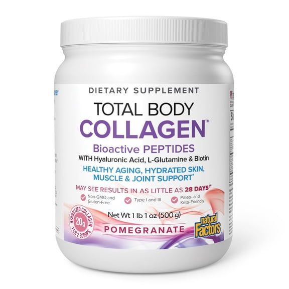 Natural Factors Total Body Collagen, Bioactive Peptides Powder for Healthy Skin, Hair & Joints, Pomegranate, 500 g