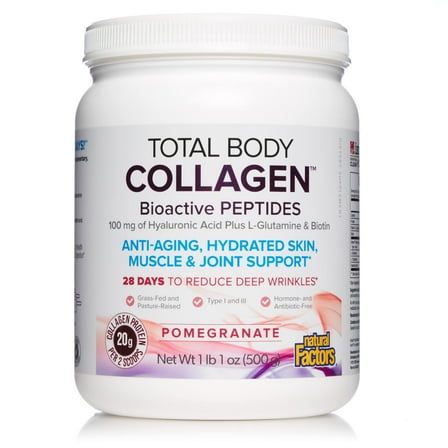 Natural Factors Total Body Collagen, Bioactive Peptides Powder for Healthy Skin, Hair & Joints, Pomegranate, 500 g