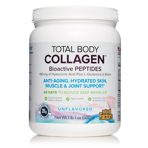 Natural Factors Total Body Collagen Bioactive Peptides Powder for Healthy Skin, Hair & Joints, Unflavored, 500 g