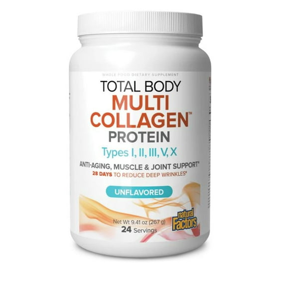 Natural Factors Total Body Multi Collagen Protein, 5-Collagen Blend with Hyaluronic Acid, Biotin, L-Glutamine and L-Tryptophan, Unflavored, 9.41 Oz