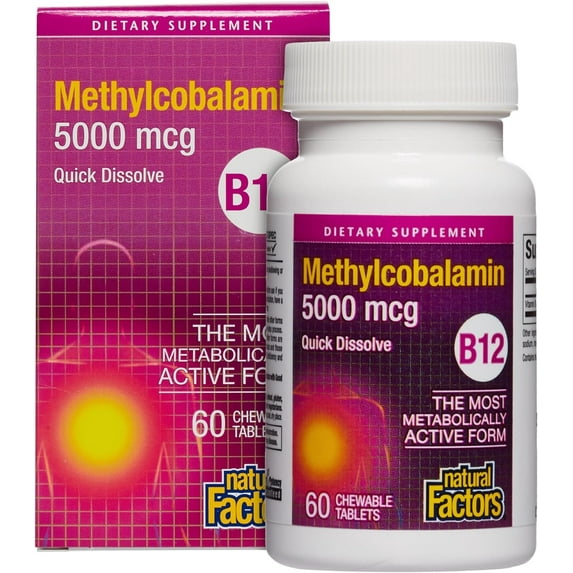 Natural Factors Vitamin B12 Methylcobalamin 5000 mcg, Chewable Support for Energy and Immune Health, Vegetarian, 60 Tablets