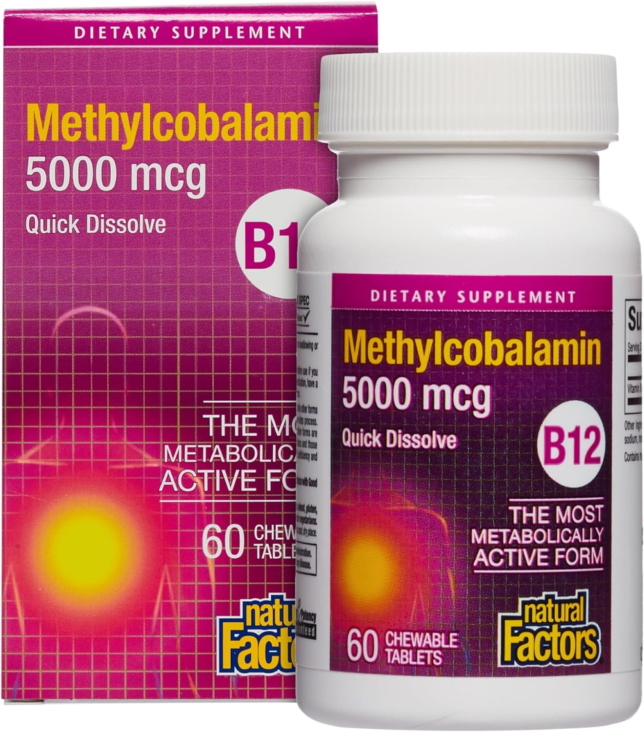 Natural Factors Vitamin B12 Methylcobalamin 5000 mcg, Chewable Support for Energy and Immune Health, Vegetarian, 60 Tablets