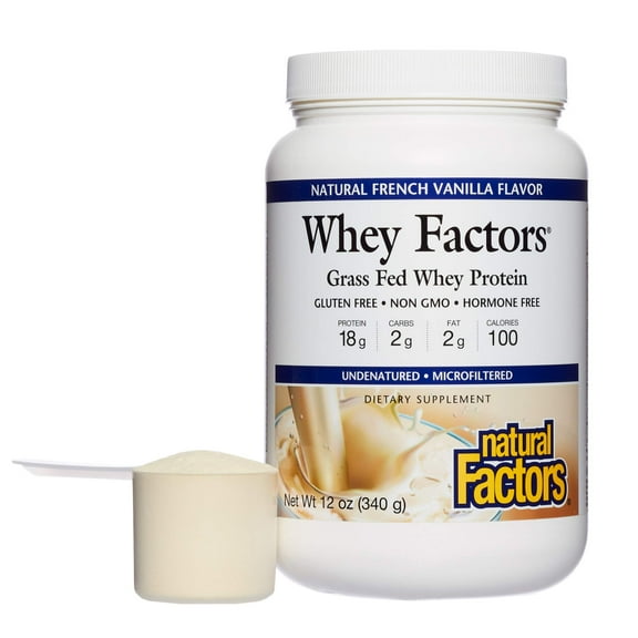 Natural Factors Whey Factors, Grass Fed Whey Protein Concentrate, Aids Muscle Development and Immune Health, French Vanilla, 12 Oz