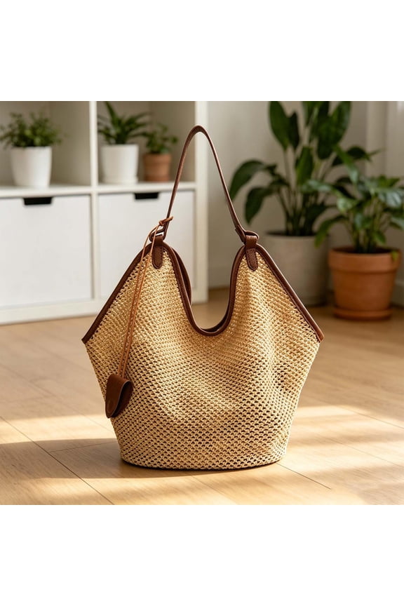 Natural Fan-Shaped Woven Tote Bag With Leather Knot Handle, Casual Handmade Beach Handbag, Large Capacity Portable Purse for Summer Travel, Vacation Outings and Daily Casual Matching, Beige