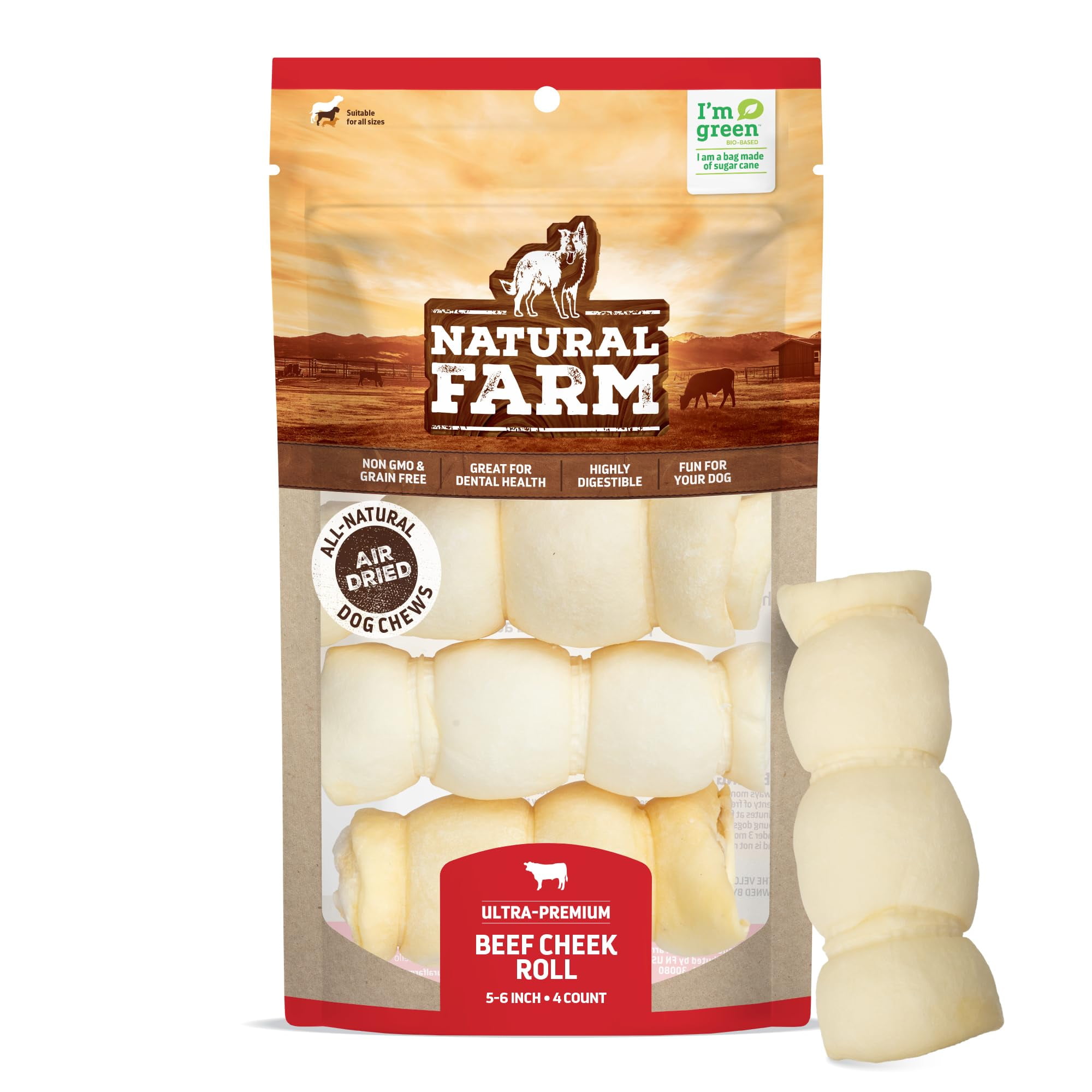 Natural Farm Beef Cheek Rolls, 56 Inch (4 Pack), Safe Rawhide