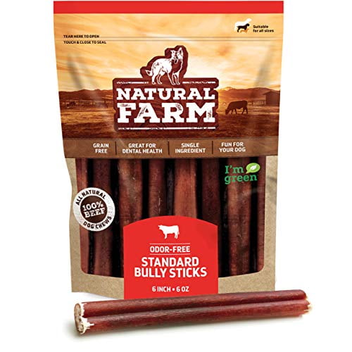 Natural Farm Bully Sticks - Odor-Free, 6-Inch Long, Packaged by Weight: 6 Ounces (0.38 Lbs.) - 100% Beef Chews, Grass-Fed, Fully Digestible Treats to Keep Your Puppies, Small and Medium Dogs Busy