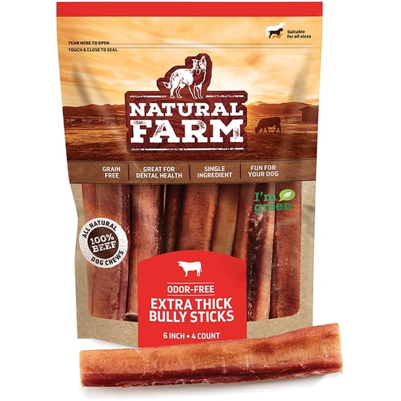 Natural Farm Jumbo Bully Sticks, 6 Inch - 4 Count, Odor Free, Extra-Thick Dog Chews