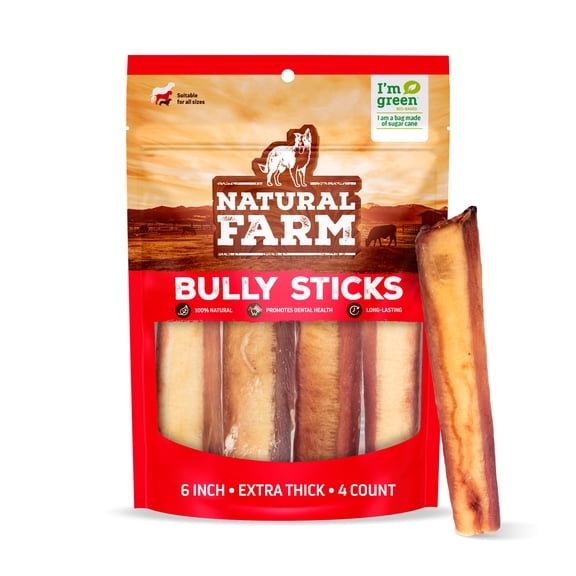 Natural Farm Jumbo Bully Sticks, 6 Inch - 4 Count, Odor Free, Extra-Thick Dog Chews
