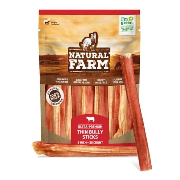 Natural Farm Odor-Free Thin Beef Bully Sticks for Dogs, 6 Inch, 25-Pack