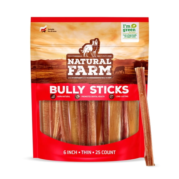 Natural Farm Odor-Free Thin Beef Bully Sticks for Dogs, 6 Inch, 25-Pack