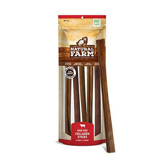Natural Farm Collagen Dog Chews (12, 5 Units), Odor-Free Long Lasting Bully Sticks & Rawhide Alternative Dog Treats, 95% Collagen Low Fat, High Protein Best Dental Dog Treats - Medium & Large Dogs
