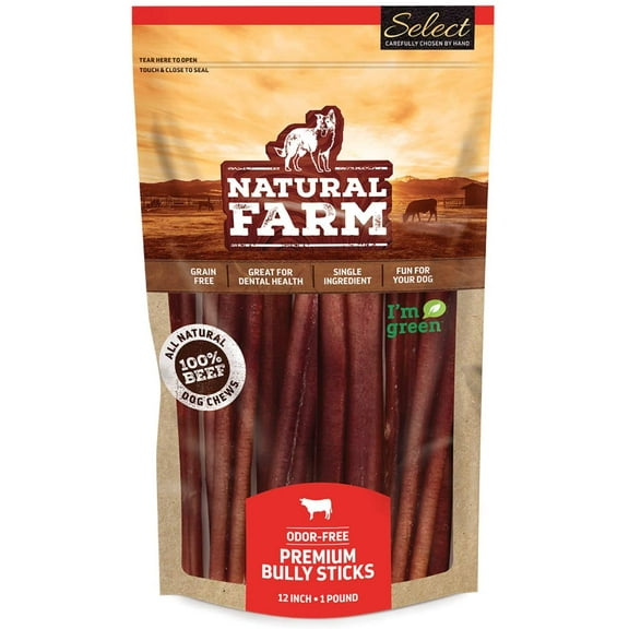 Natural Farm Odor-Free Select Bully Sticks, (12-Inch, 1-Pound), Hand Selected for Consistent Thickness, 100% Beef Pizzle Dog Chews, Fully Digestible, High Protein, Best Dental Treats