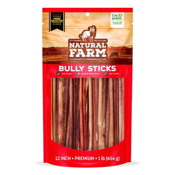 Natural Farm Odor-Free Select Bully Sticks, (12-Inch, 1-Pound), Hand Selected for Consistent Thickness, 100% Beef Pizzle Dog Chews, Fully Digestible, High Protein, Best Dental Treats
