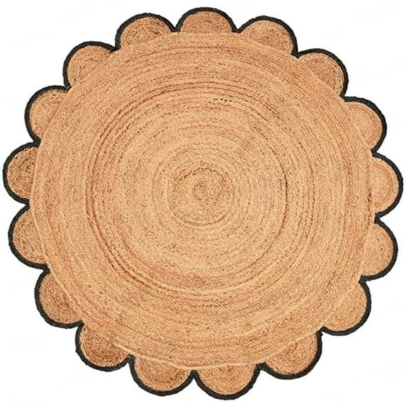 Natural Farmhouse Jute Round Rug with Black Border Design, Scalloped Round Rug Size 5 x 5 Feet