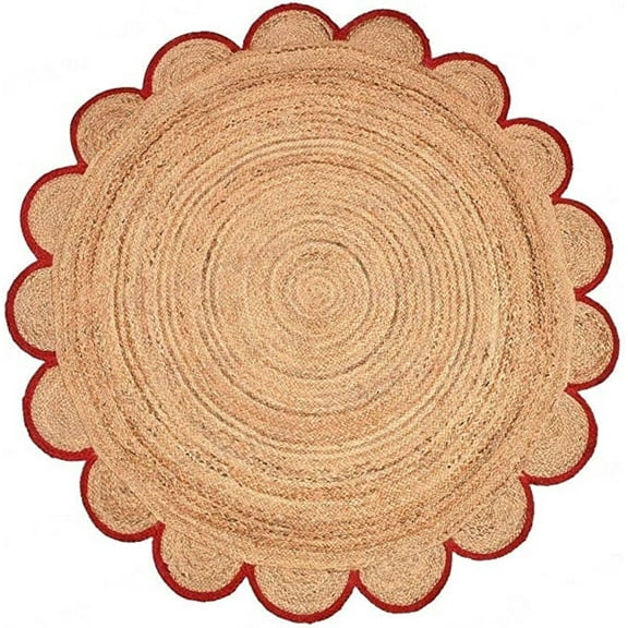 Natural Farmhouse Jute Round Rug with Red Border Design, Scalloped Round Rug Size 2 x 2 Feet