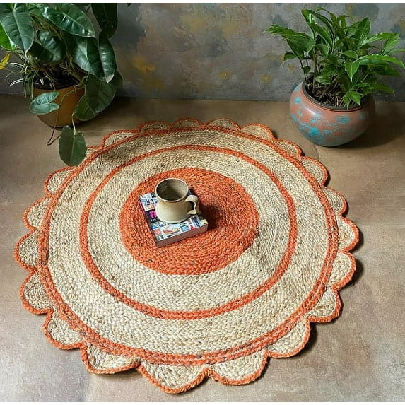 Natural Farmhouse Jute Round Rug with Red Border Design, Scalloped Round Rug Size 7 x 7 Feet