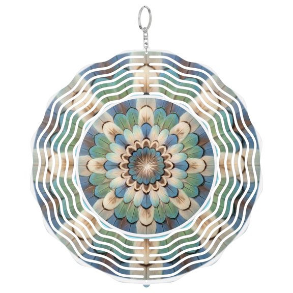 Natural Feather Earthy Mandala 3D Wind Spinner Stainless Steel Kinetic Art Boho Garden Decor Nature Gift 10 Inch