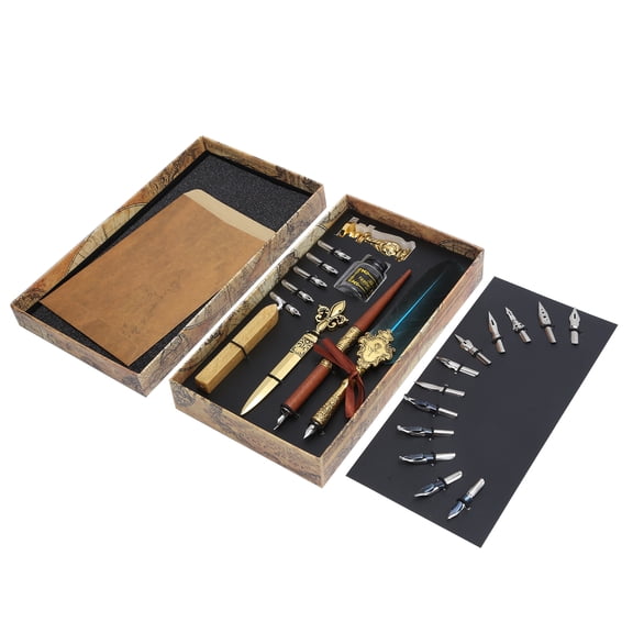 Natural Feathers Calligraphy Pen Set, Luxury Gift With Solid Wood & Metal Splicing, For Wide Range Of Nibs & Ergonomic Design