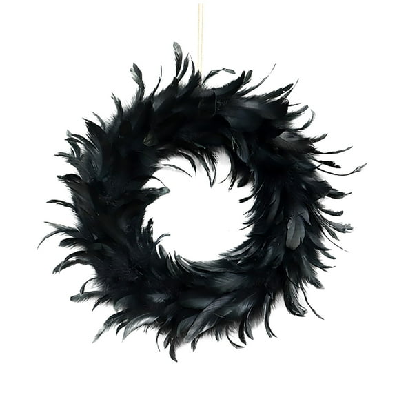 Natural Feathers Wreath 13.78" in Black for Halloween Decorations, Spooky Scene Party Favors, Halloween Photo Props, Front Door, Wall, Indoor, Outdoor