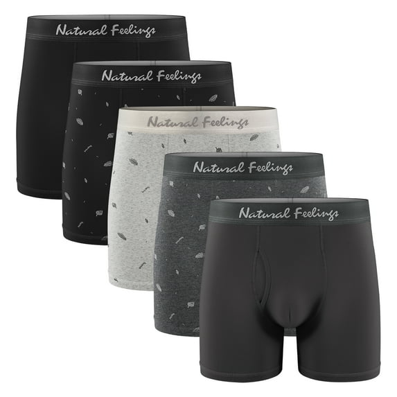 Natural Feelings Mens Cotton Boxer Briefs Dailywear Long Leg Male Boxer Shorts, 5 Pack