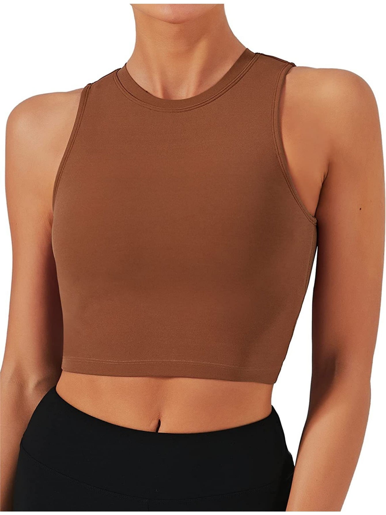 Natural Feelings Sports Bras for Women Removable Padded Yoga Tank Tops  Sleeveless Fitness Workout Running Crop Tops Coffee Brown