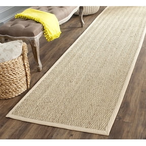 Natural Fiber Collection Runner Rug - 2'6" x 18', Natural & Beige, Seagrass, Herringbone Pattern with Border (NF115A)