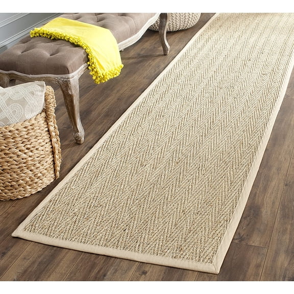 Natural Fiber Collection Runner Rug - 2'6" x 18', Natural & Beige, Seagrass, Herringbone Pattern with Border (NF115A)