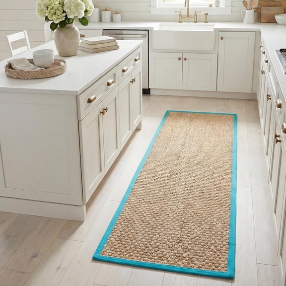 Natural Fiber Collection Runner Rug - 2'6" x 8', Natural & Turquoise, Seagrass, Basketweave Pattern with Border (NF114S)