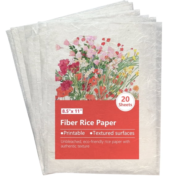 Printable Natural Fiber Rice Paper for Decoupage and School Craft, Adhesive Compatible Mulberry Sheets, 8.5x11 in, 20 Count