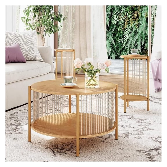 Natural Fiber Rope Coffee Table Set of 3 for Living Room, Round Rattan Coffee Table and Two End Tables, Boho 2 Tier Modern Side Table with Metal Frame for Apartment Office (Natural)