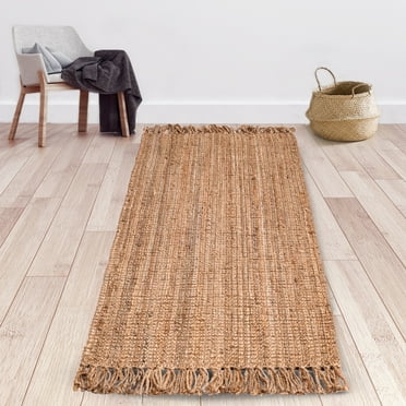 Natural Fibre Jute Rug, Natural Fringes Tassle 2'6"X10' Farmhouse Rug for Living Room, Vintage Décor