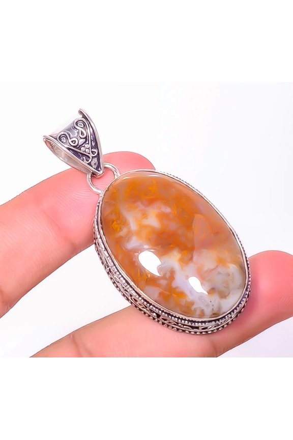 Natural Fine Art Plume Agate 925 Sterling Silver Bali Pendant 2.34", Agate Pendant, Gemstone Pendant