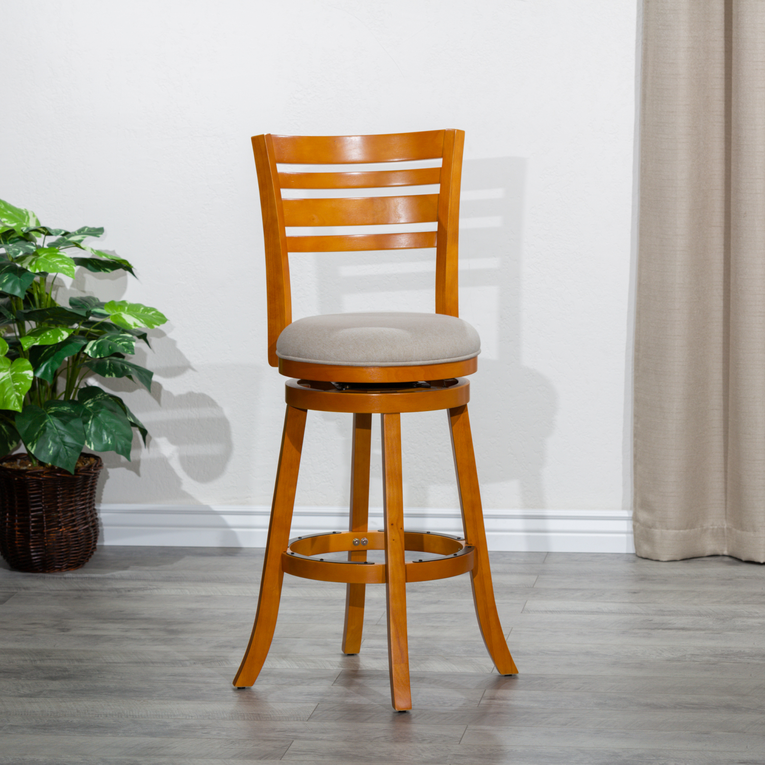 Natural Finish Elegant Beige Fabric Seat 30” Bar Height Slat Back